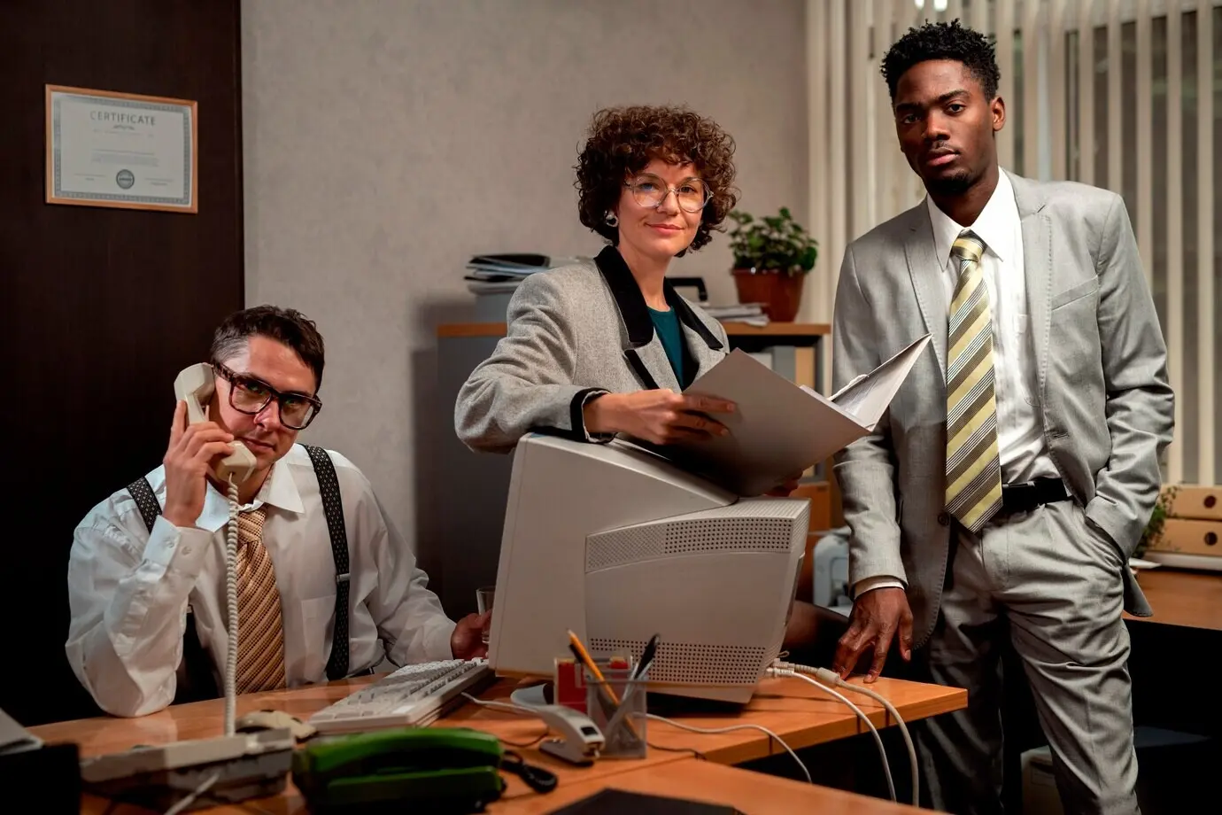 Офисные сотрудники в ретро-стиле, занятые работой за столом.